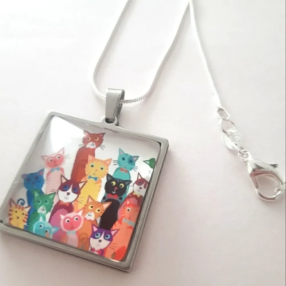 Hand Crafted Stainless Steel Cartoon Cats Charm Stamped Sterling Silver Necklace - Picture 1 of 5